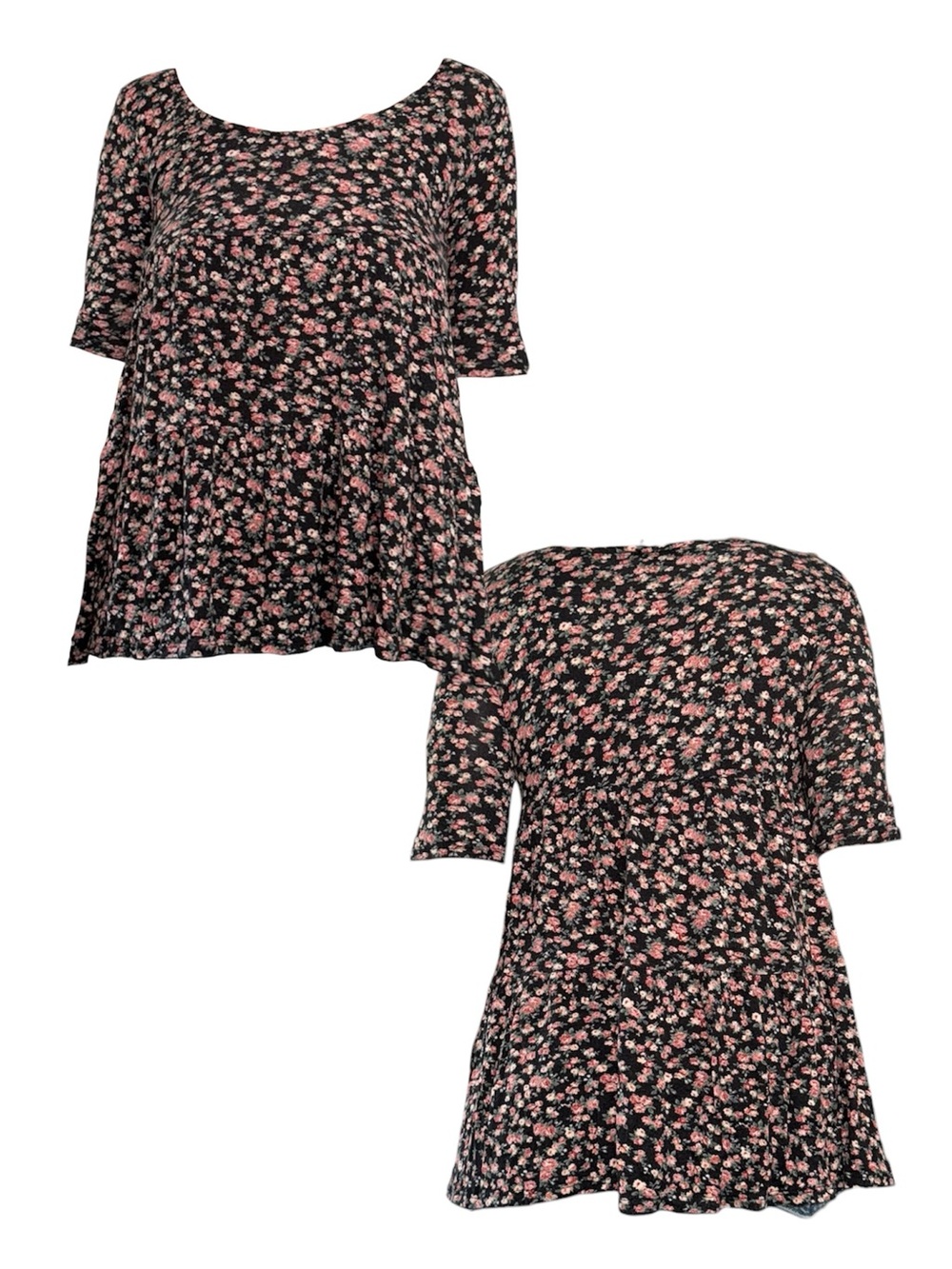 Black Floral Swing Top with Pink Accent Flowers